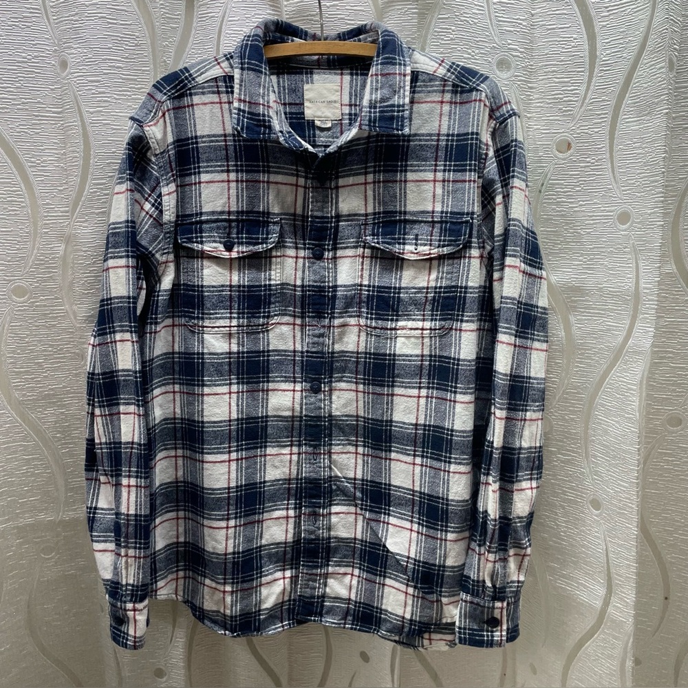 American Eagle Flannel Shirt Mens XL Blue White Red Plaid Excellent Long Sleeve